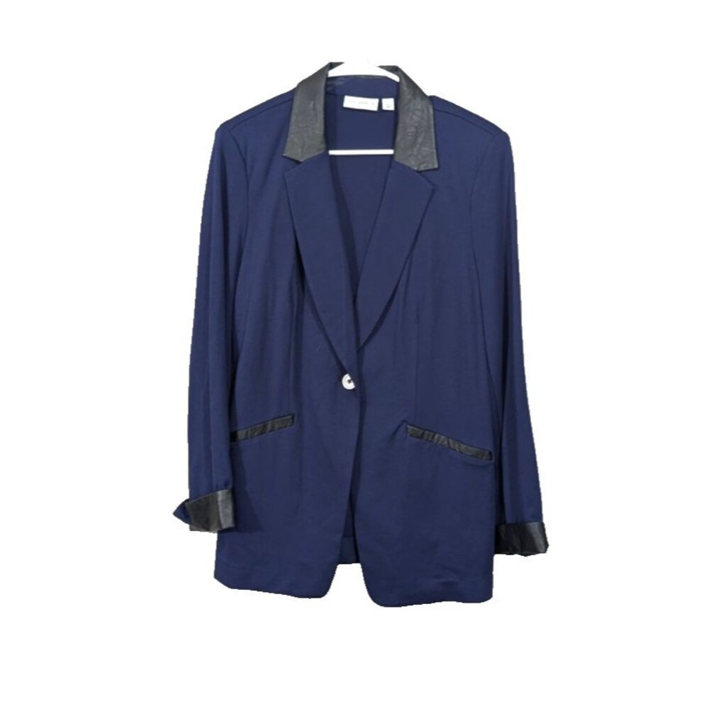 Susan Graver Size 12 Ponte Knit Blue Blazer with Black Faux Leather Trim Career